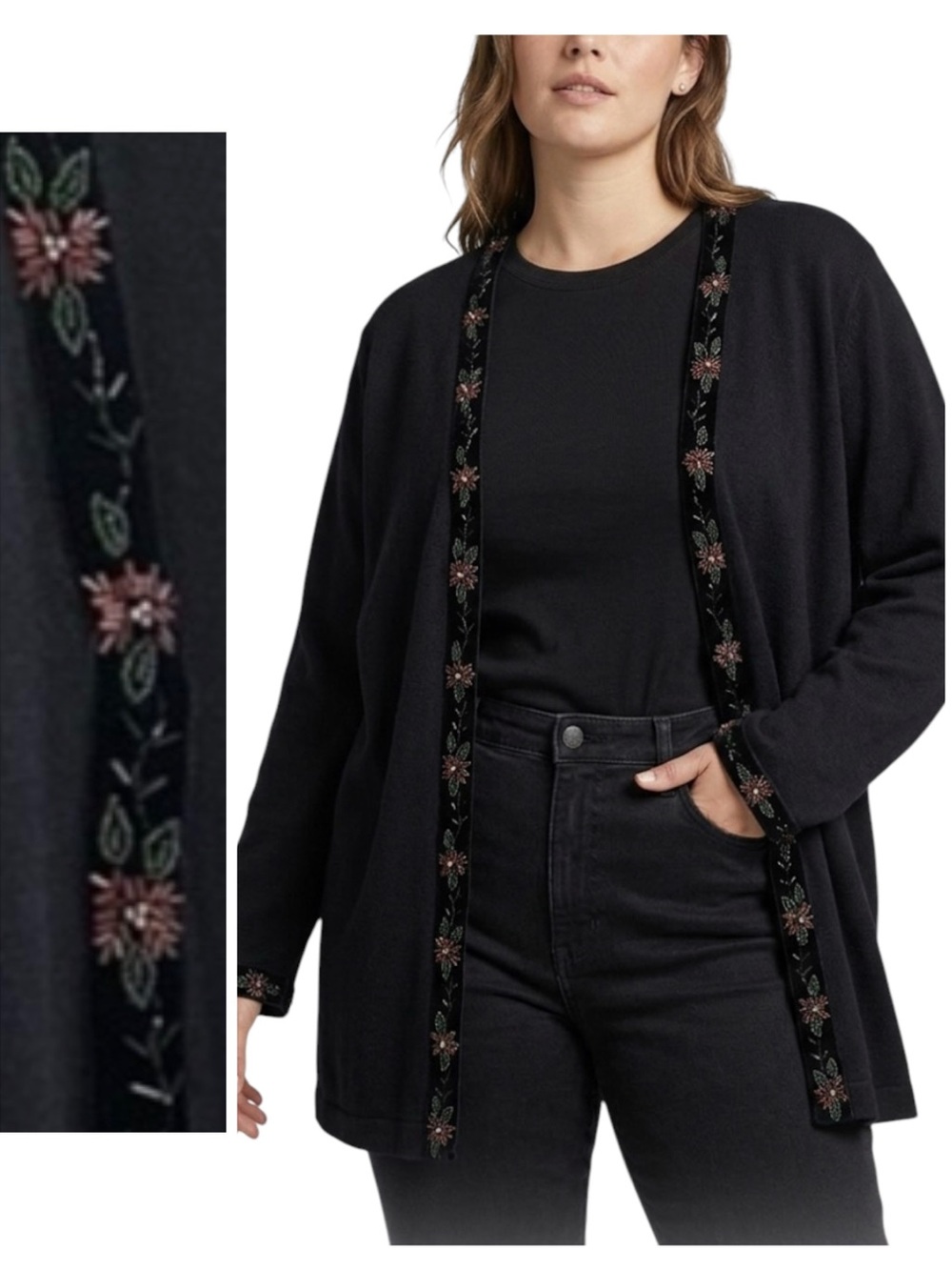 Women’s Festive Bead Cardigan Poinsettia Trim Christmas Sweater Black Knit XL 1X